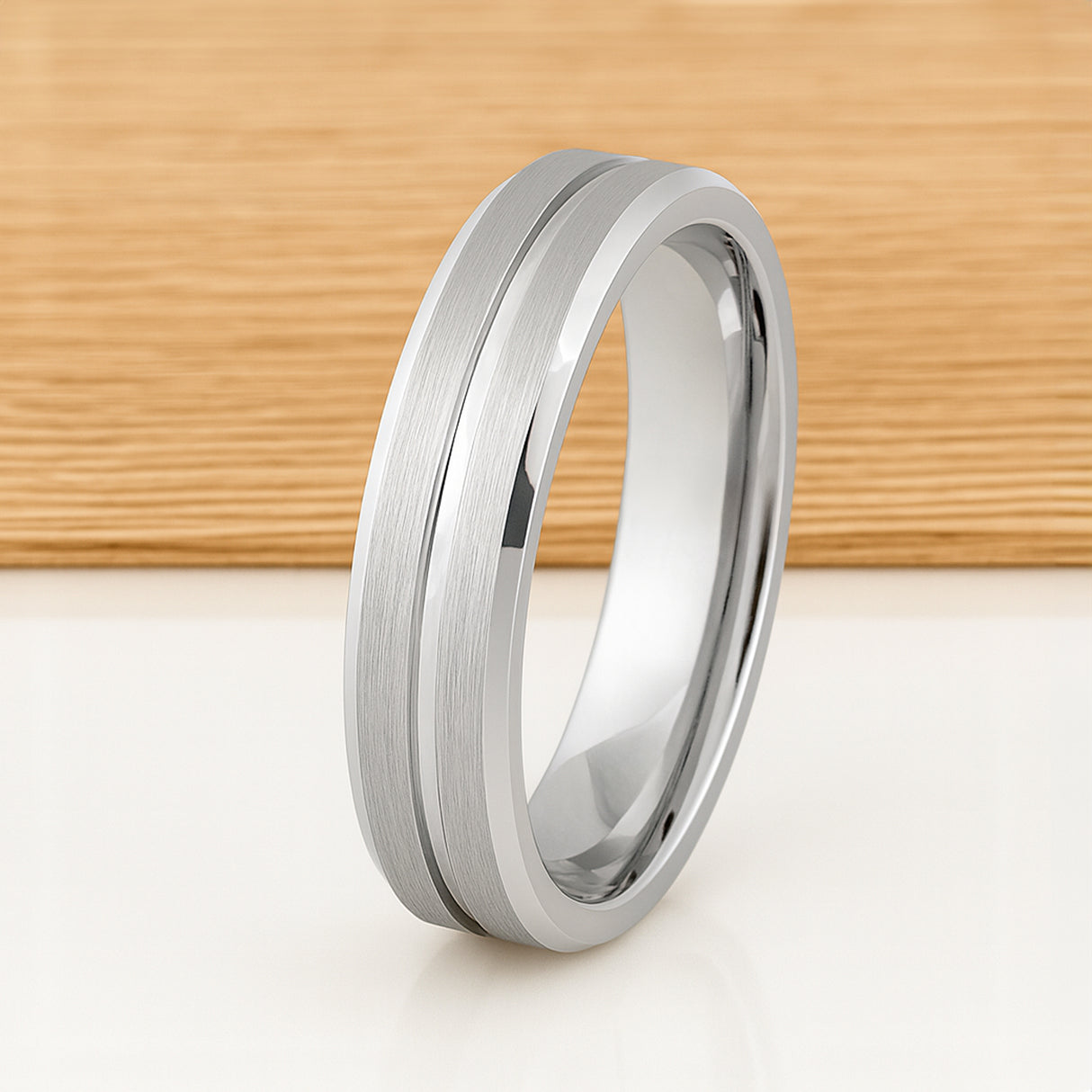White Silver Platinum-Like Finish Tungsten Carbide Grooved Center Beveled Edged Ring - 6mm