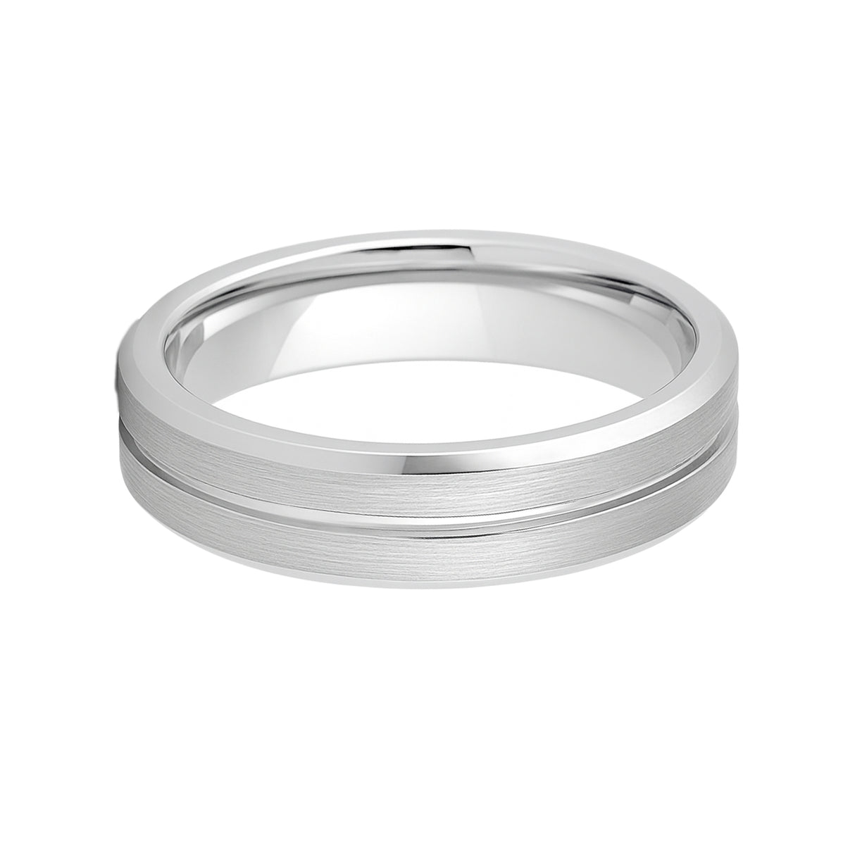 White Silver Platinum-Like Finish Tungsten Carbide Grooved Center Beveled Edged Ring - 6mm