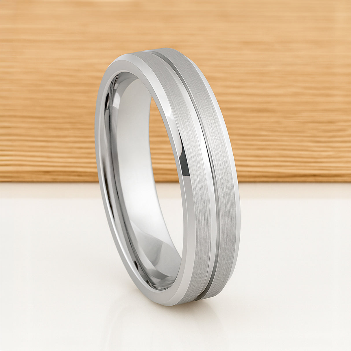 White Silver Platinum-Like Finish Tungsten Carbide Grooved Center Beveled Edged Ring - 6mm