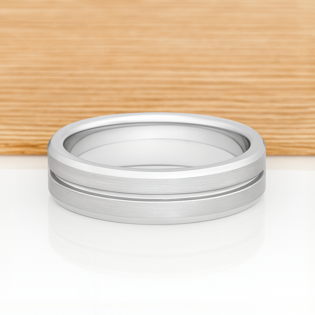 White Silver Platinum-Like Finish Tungsten Carbide Grooved Center Beveled Edged Ring - 6mm