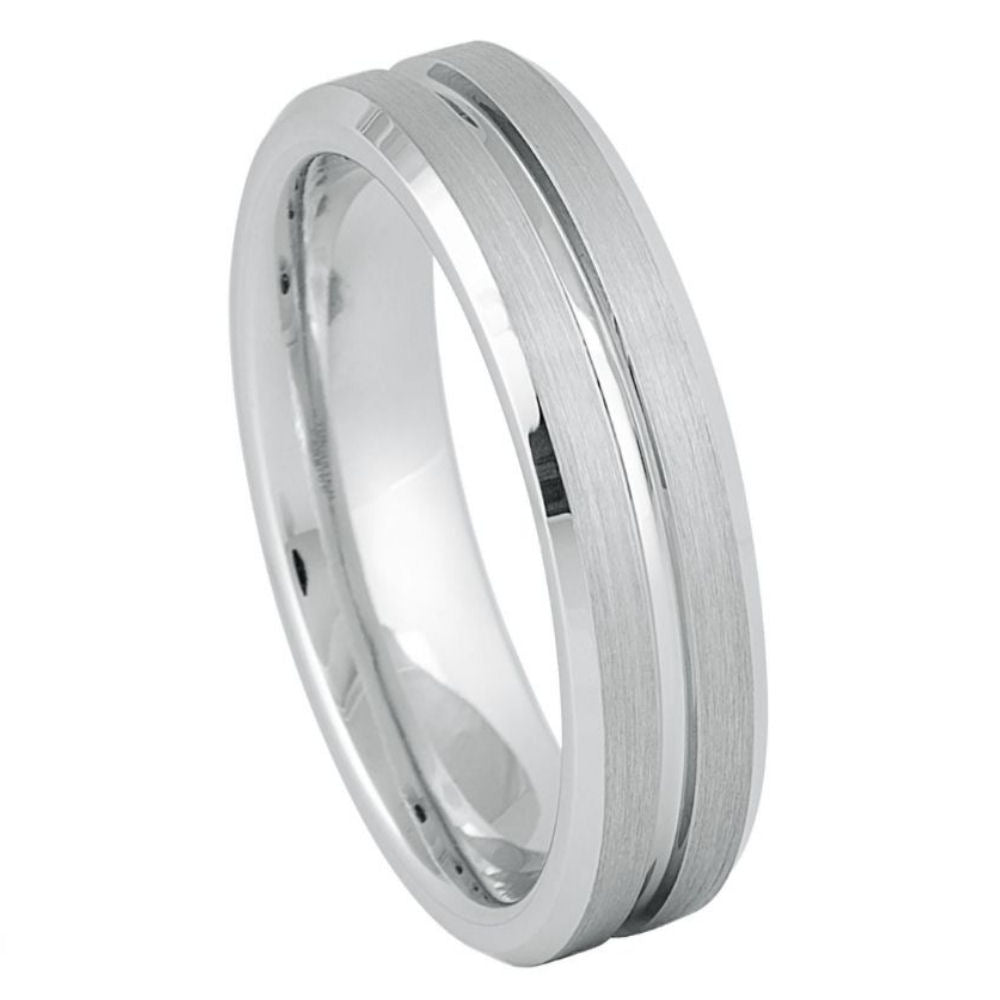 White Silver Platinum-Like Finish Tungsten Carbide Grooved Center Beveled Edged Ring - 6mm