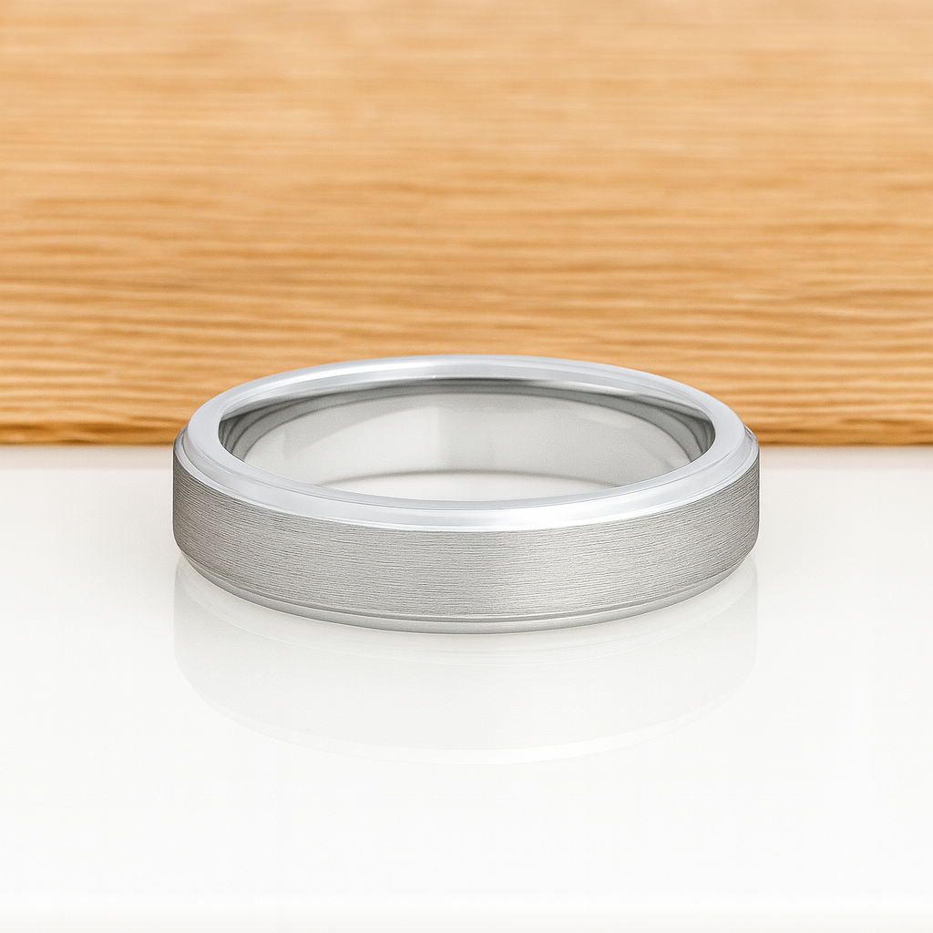 White Silver Platinum-Like Finish Tungsten Carbide Ring Stepped Edges And Brushed Center - 6mm