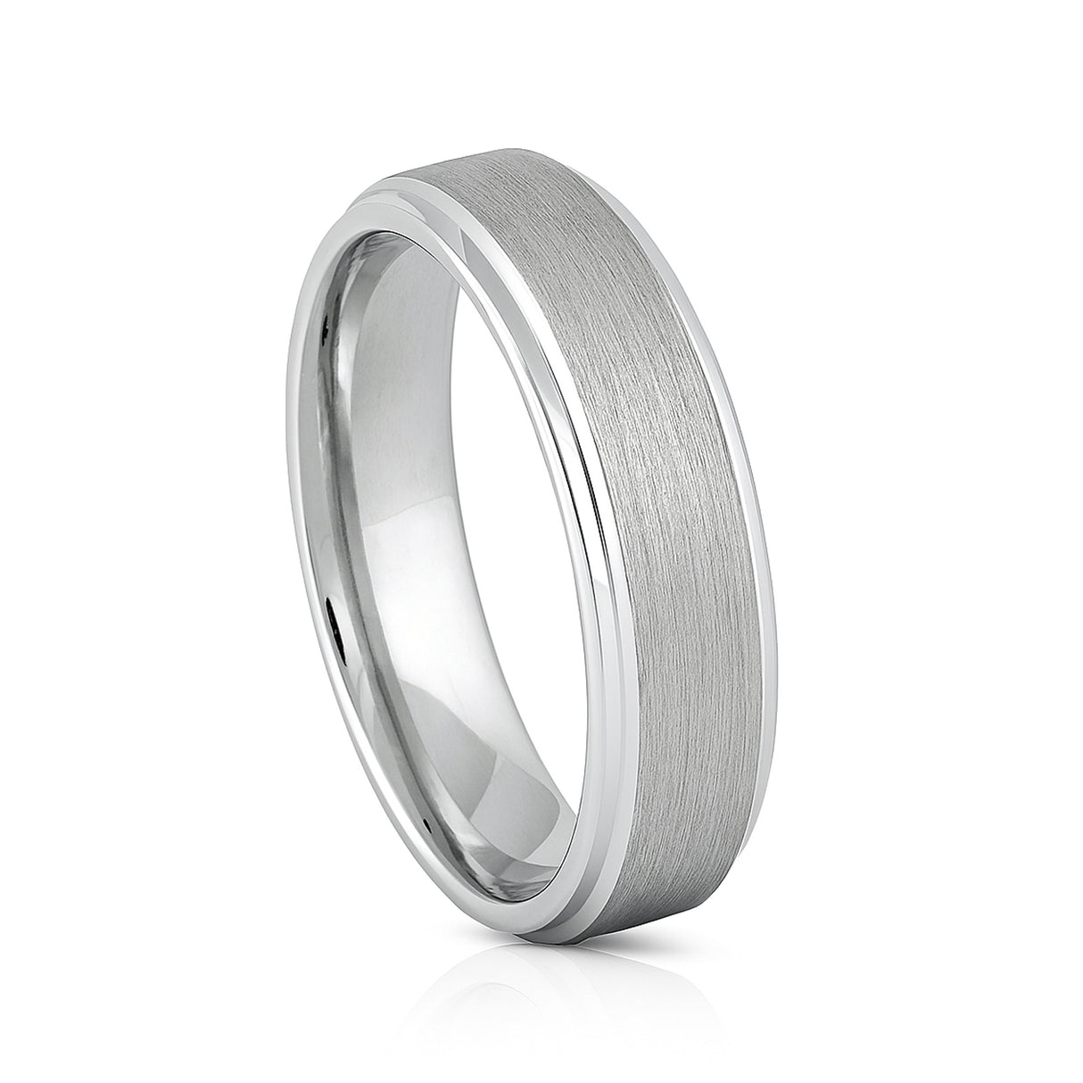 White Silver Platinum-Like Finish Tungsten Carbide Ring Stepped Edges And Brushed Center - 6mm