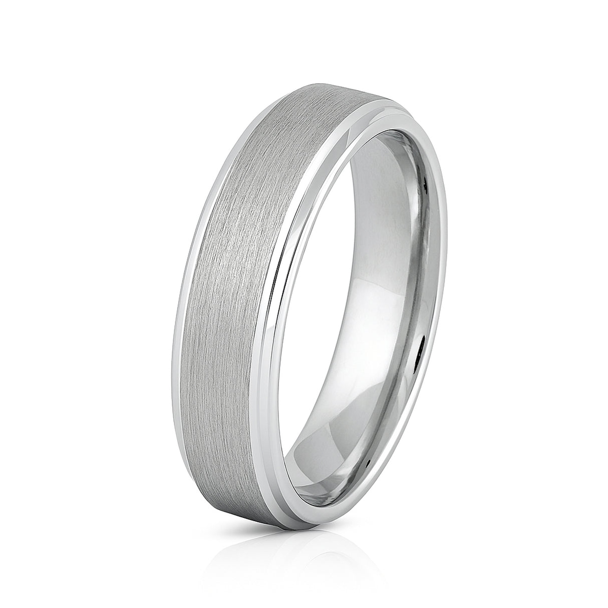 White Silver Platinum-Like Finish Tungsten Carbide Ring Stepped Edges And Brushed Center - 6mm