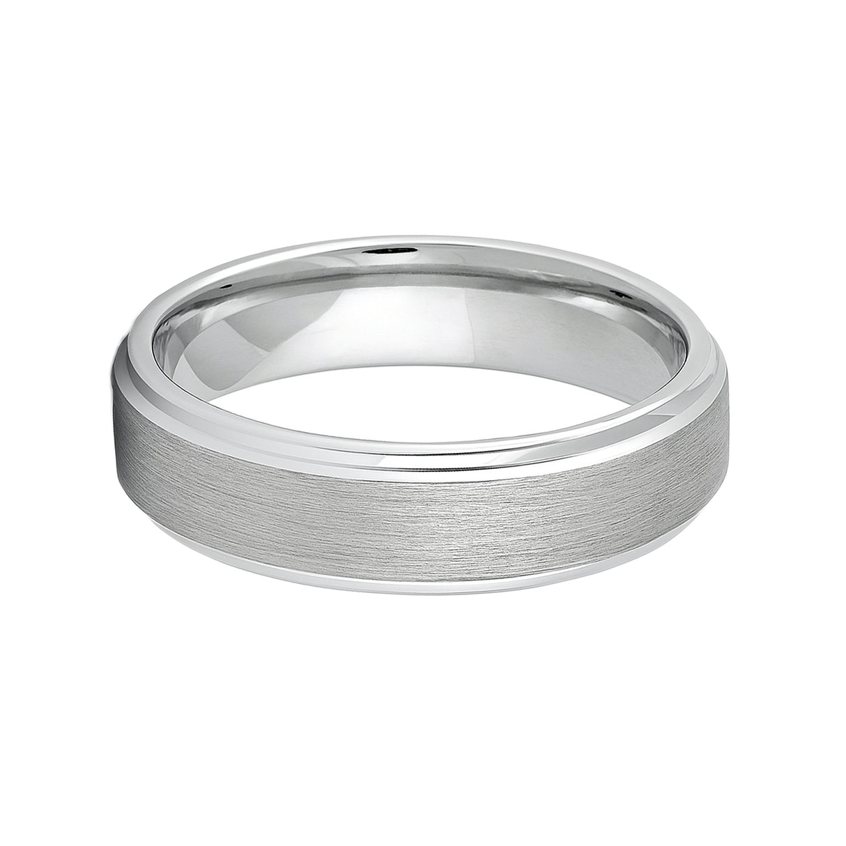 White Silver Platinum-Like Finish Tungsten Carbide Ring Stepped Edges And Brushed Center - 6mm
