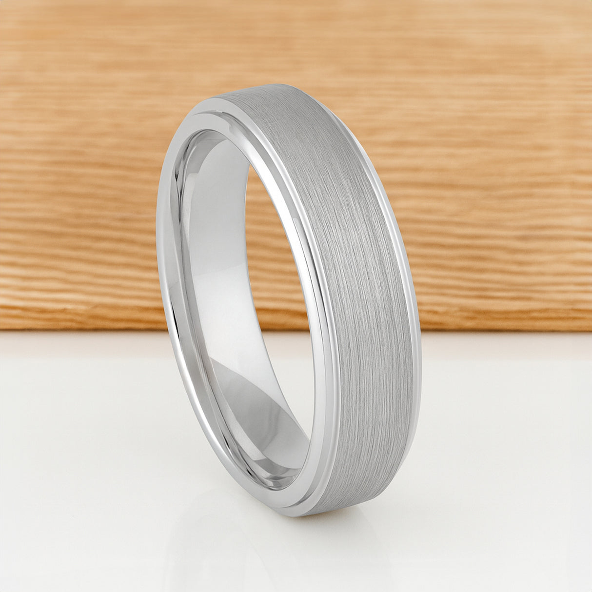 White Silver Platinum-Like Finish Tungsten Carbide Ring Stepped Edges And Brushed Center - 6mm