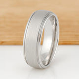 White Silver Platinum-Like Finish Tungsten Carbide Ring Polished Ridged Edges Brushed Center - 8mm