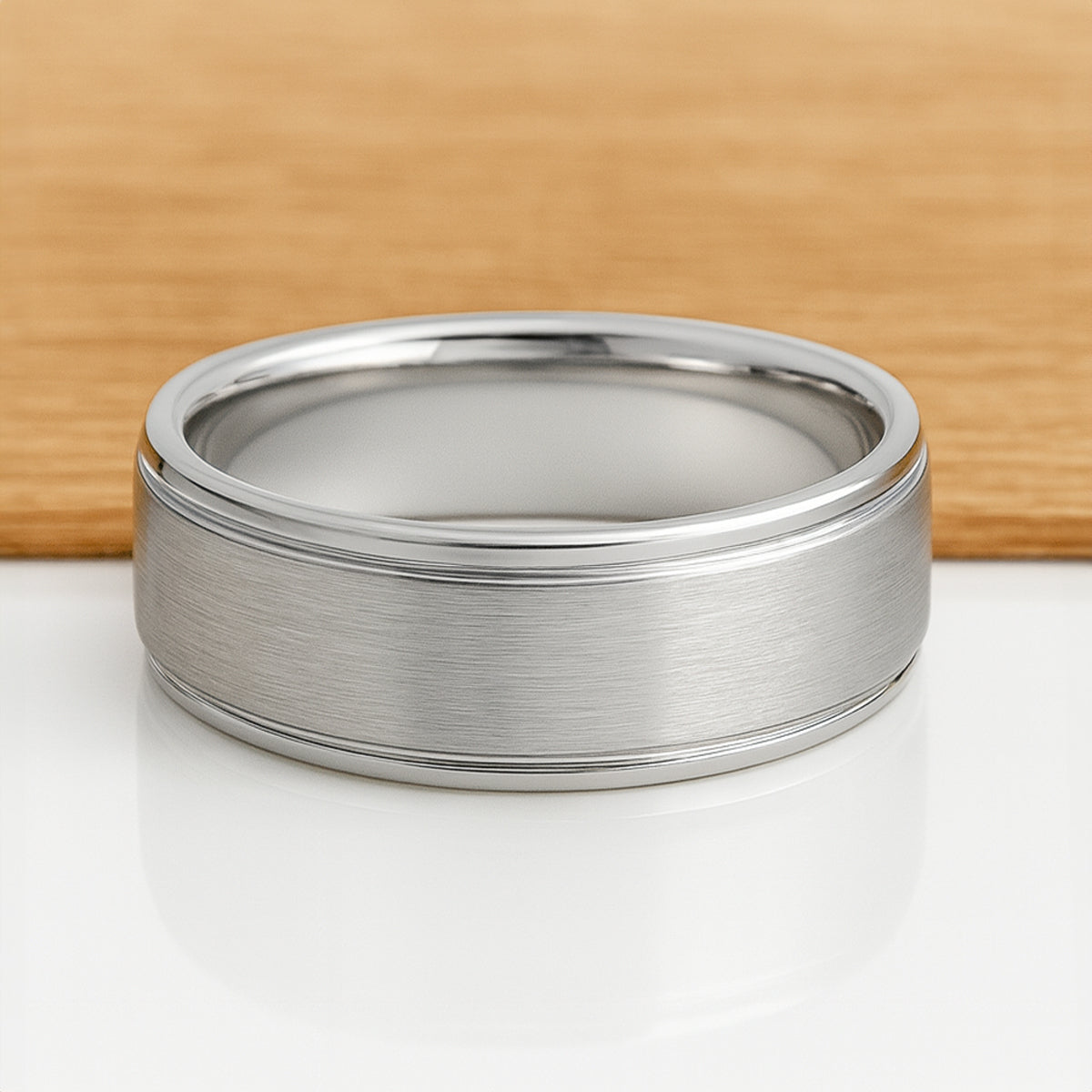White Silver Platinum-Like Finish Tungsten Carbide Ring Polished Ridged Edges Brushed Center - 8mm