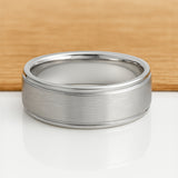 White Silver Platinum-Like Finish Tungsten Carbide Ring Polished Ridged Edges Brushed Center - 8mm