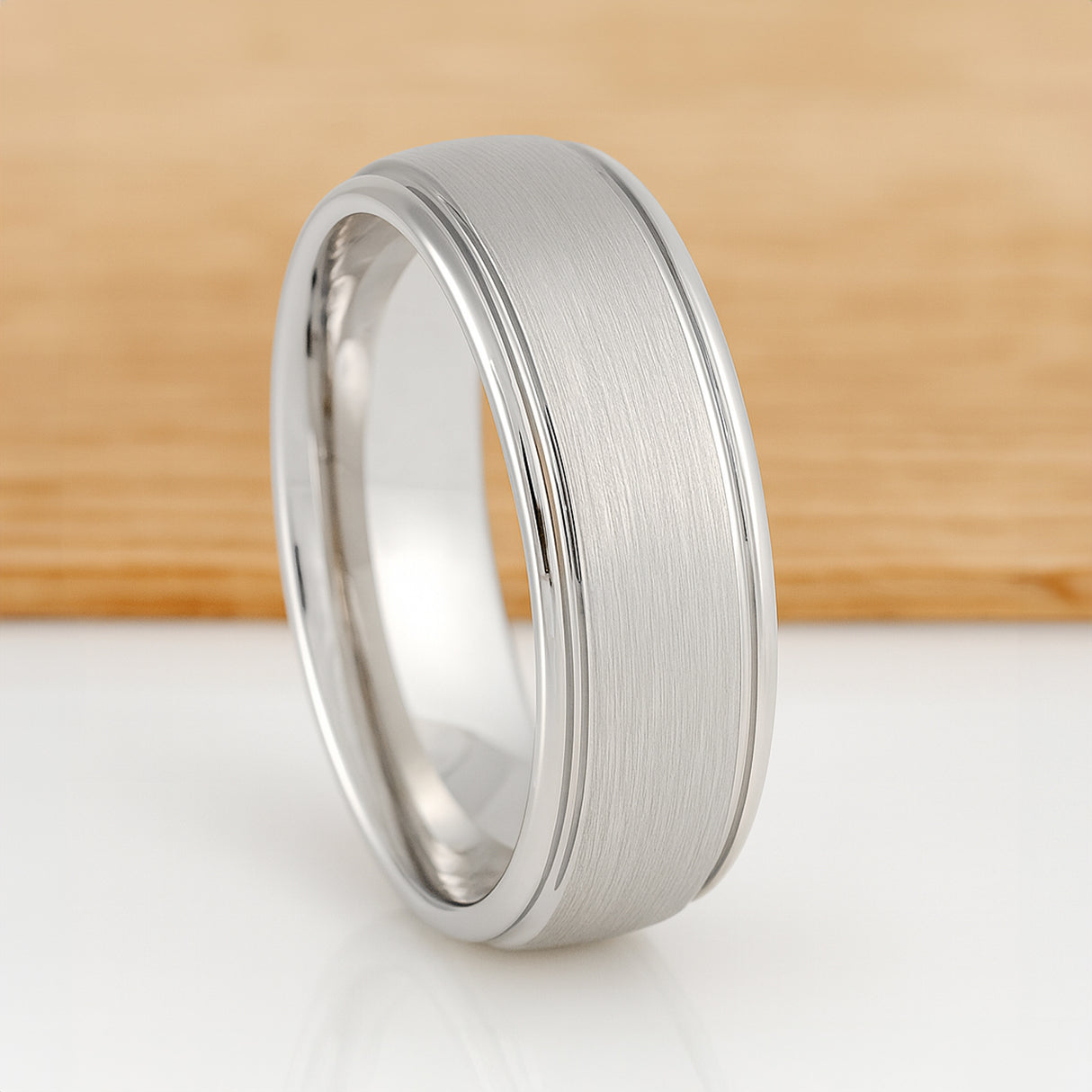 White Silver Platinum-Like Finish Tungsten Carbide Ring Polished Ridged Edges Brushed Center - 8mm