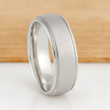 White Silver Platinum-Like Finish Tungsten Carbide Ring Polished Ridged Edges Brushed Center - 8mm