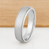 White Silver Platinum-Like Finish Tungsten Carbide Ring Polished Ridged Edges Brushed Center -6mm