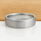 White Silver Platinum-Like Finish Tungsten Carbide Ring Polished Ridged Edges Brushed Center -6mm