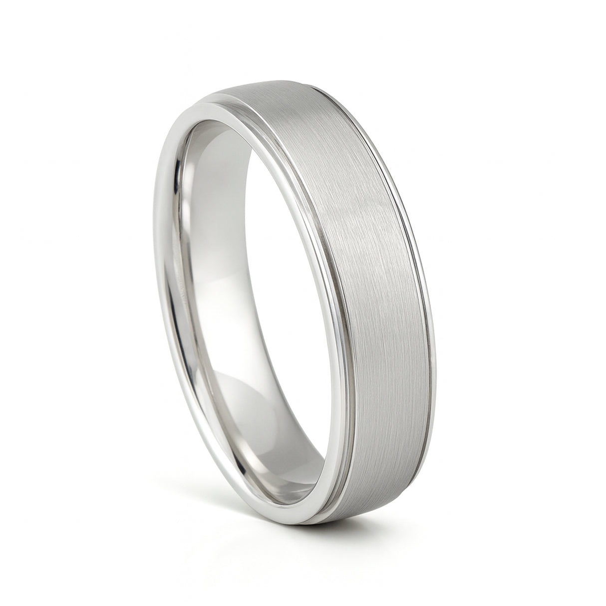 White Silver Platinum-Like Finish Tungsten Carbide Ring Polished Ridged Edges Brushed Center -6mm