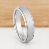 White Silver Platinum-Like Finish Tungsten Carbide Ring Polished Ridged Edges Brushed Center -6mm