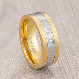 8mm - Tungsten Rings for Men Gold Silver, Diamond Wedding Bands, 3 CZ diamonds