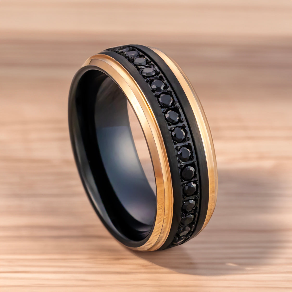 BRUSHED BLACK Tungsten RING, ROSE GOLD EDGES, BLACK SAPPHIRE ALL AROUND - 8MM