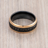 BRUSHED BLACK Tungsten RING, ROSE GOLD EDGES, BLACK SAPPHIRE ALL AROUND - 8MM