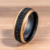 BRUSHED BLACK Tungsten RING, ROSE GOLD EDGES, BLACK SAPPHIRE ALL AROUND - 8MM