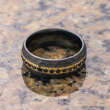 8mm - Black & Gold Tungsten Hammered Wedding Band, with Black Sapphires Ring