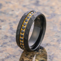 8mm - Black & Gold Tungsten Hammered Wedding Band, with Black Sapphires Ring
