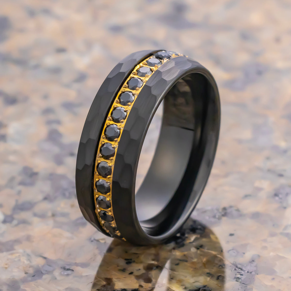 8mm Black & Gold Tungsten Hammered Wedding Band, Black Sapphires Ring ...