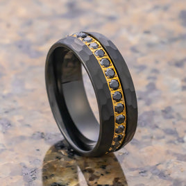 8mm - Black & Gold Tungsten Hammered Wedding Band, with Black Sapphires Ring