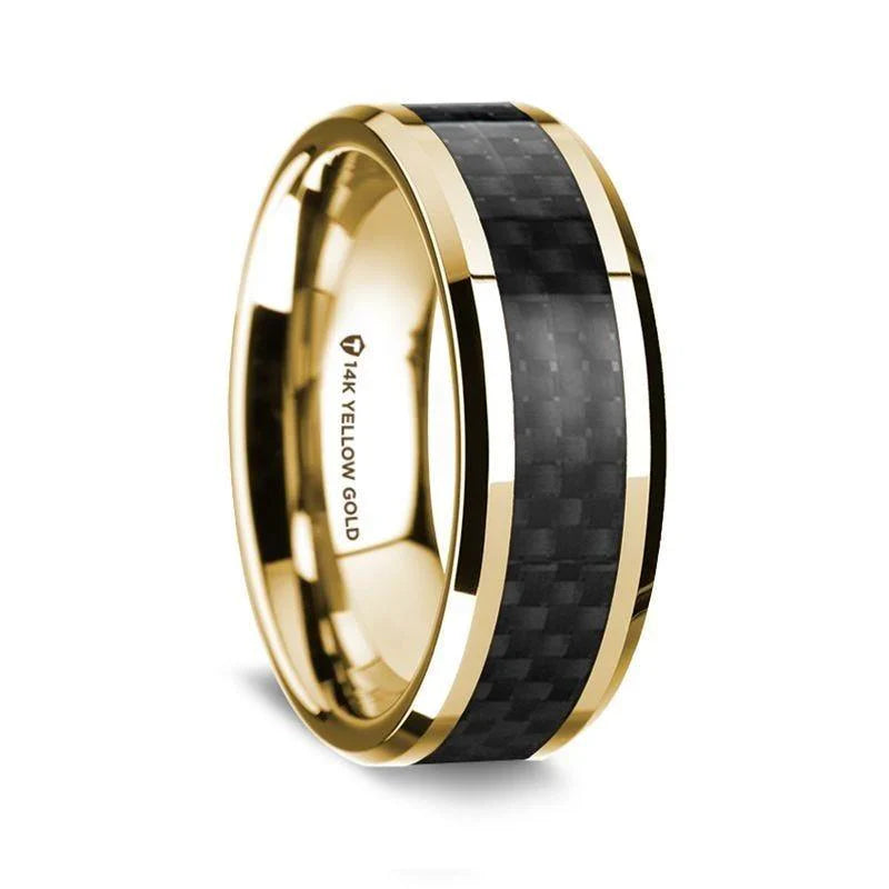 14K Yellow Gold Polished Beveled Edges W/ Black Carbon Fiber Inlay - 8mm