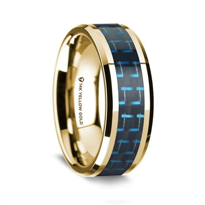 14K Yellow Gold Polished Beveled Edges W/ Black & Blue Carbon Fiber Inlay - 8mm