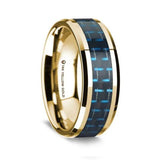 14K Yellow Gold Polished Beveled Edges W/ Black & Blue Carbon Fiber Inlay - 8mm