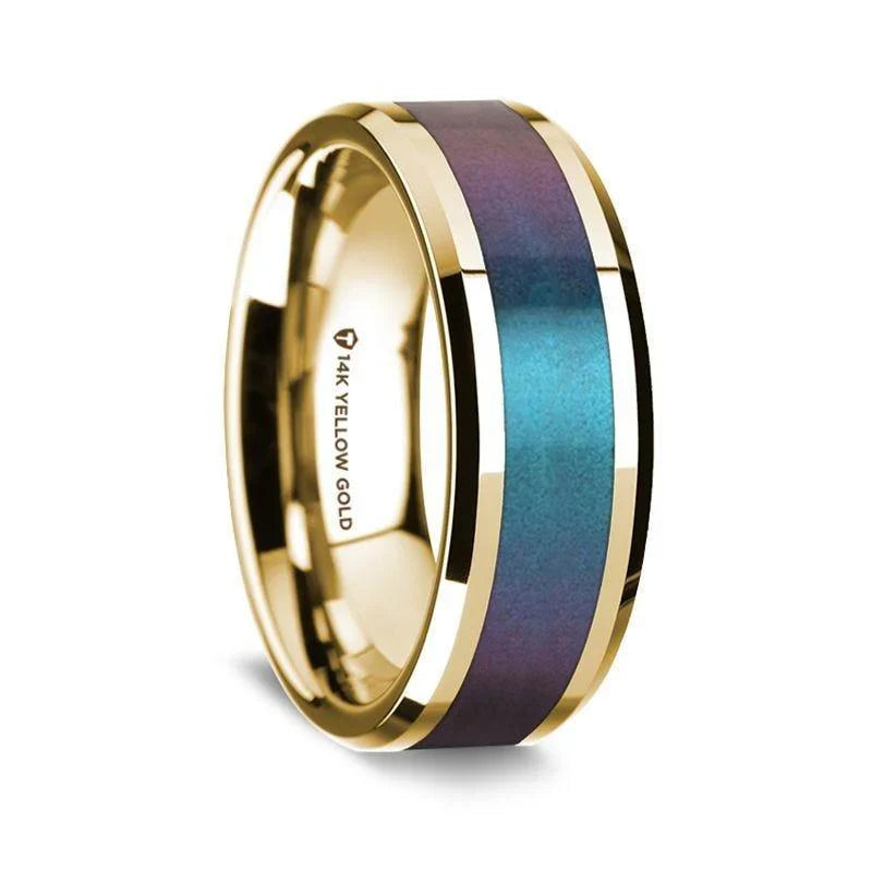 14K Yellow Gold Polished Beveled Edges W/ Blue & Purple Color Changing Inlay - 8mm