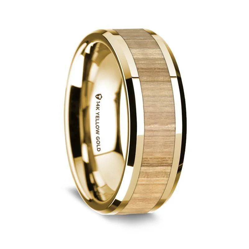 14K Yellow Gold Polished Beveled Edges W/ Ash Wood Inlay - 8mm