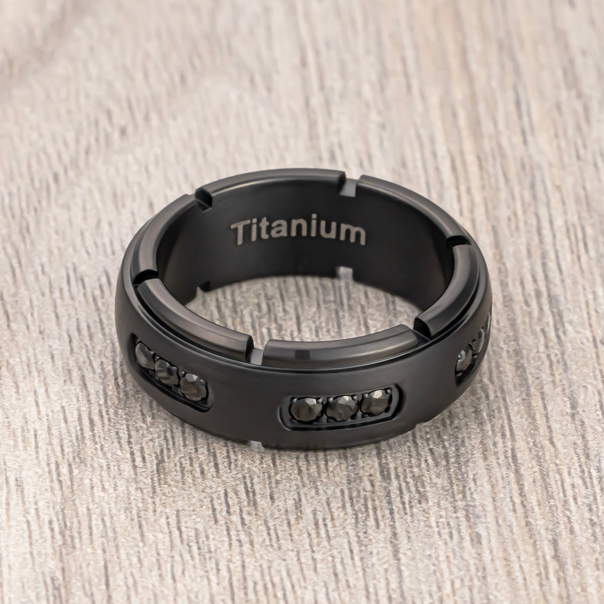 8mm Black Titanium Wedding Band with Black Cubic Zircon Diamonds