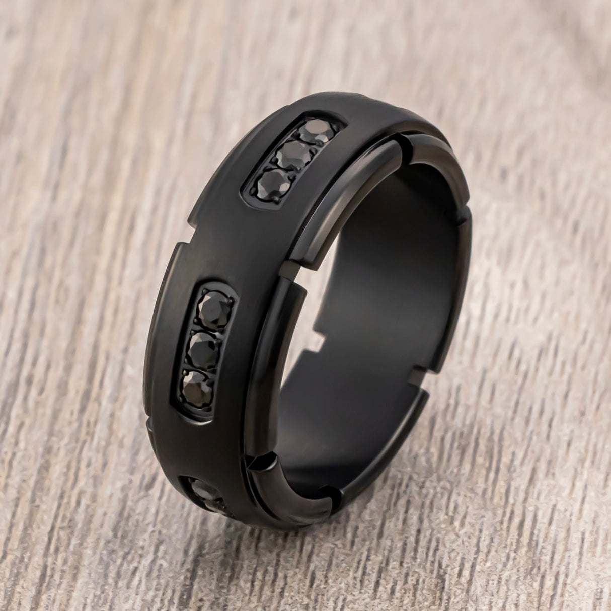 8mm Black Titanium Wedding Band with Black Cubic Zircon Diamonds