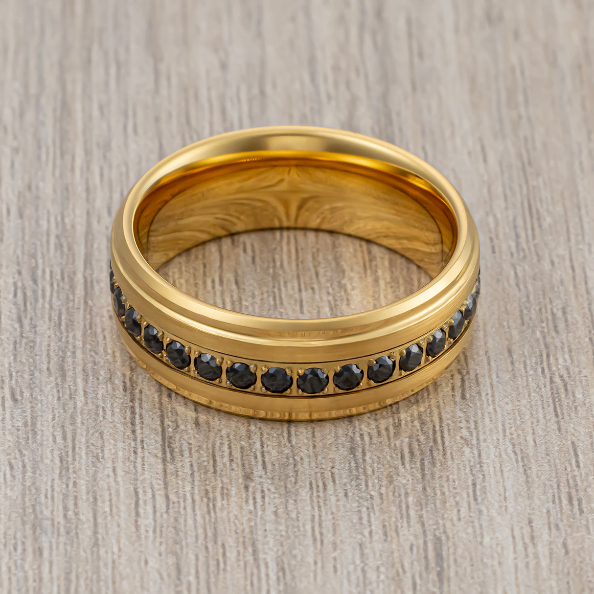 8mm - Men's Gold Tungsten Wedding Band, Black CZ Diamond Ring, Comfort Fit Ring