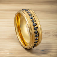 8mm - Men's Gold Tungsten Wedding Band, Black CZ Diamond Ring, Comfort Fit Ring