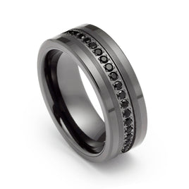 8mm - Mens Gunmetal Tungsten Wedding Band, Brushed CZ Diamonds, Tungsten Ring