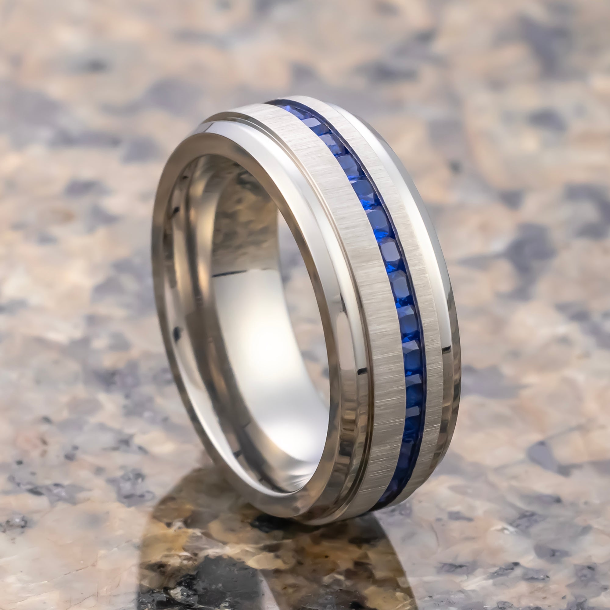 Mens Wedding Band, Brushed Wedding Band, newest Titanium Band, Blue Sapphire Band, Blue Sapphire Ring, Flat Wedding Band