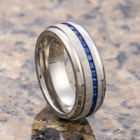 8mm - Mens Titanium Wedding Band With Blue Sapphire Titanium Ring