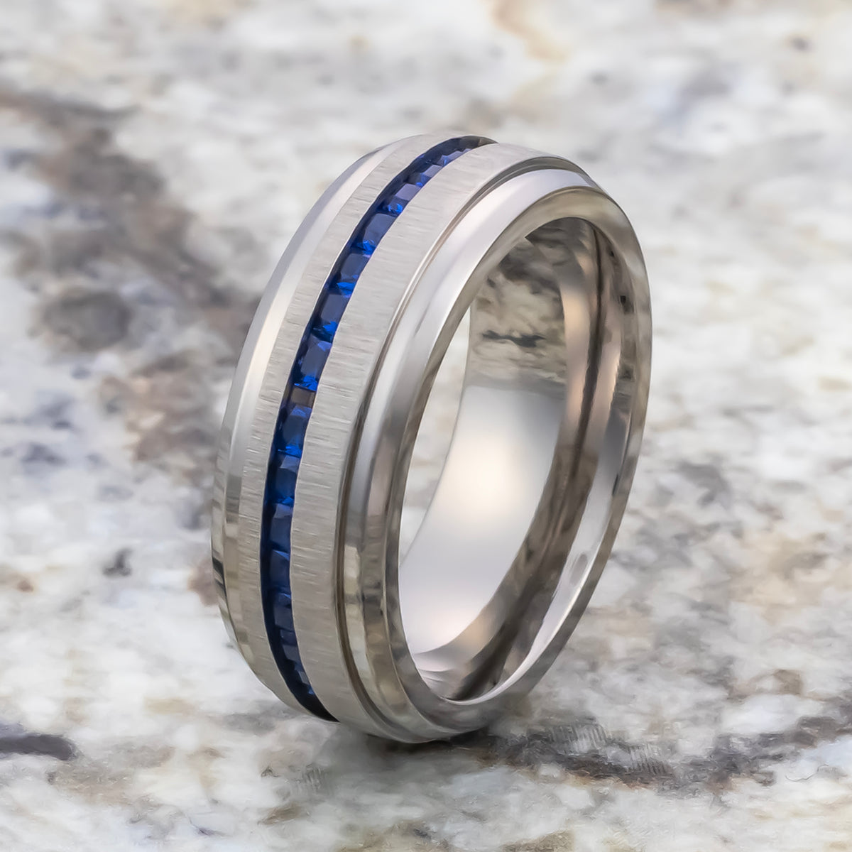 8mm - Mens Titanium Wedding Band With Blue Sapphire Titanium Ring ...