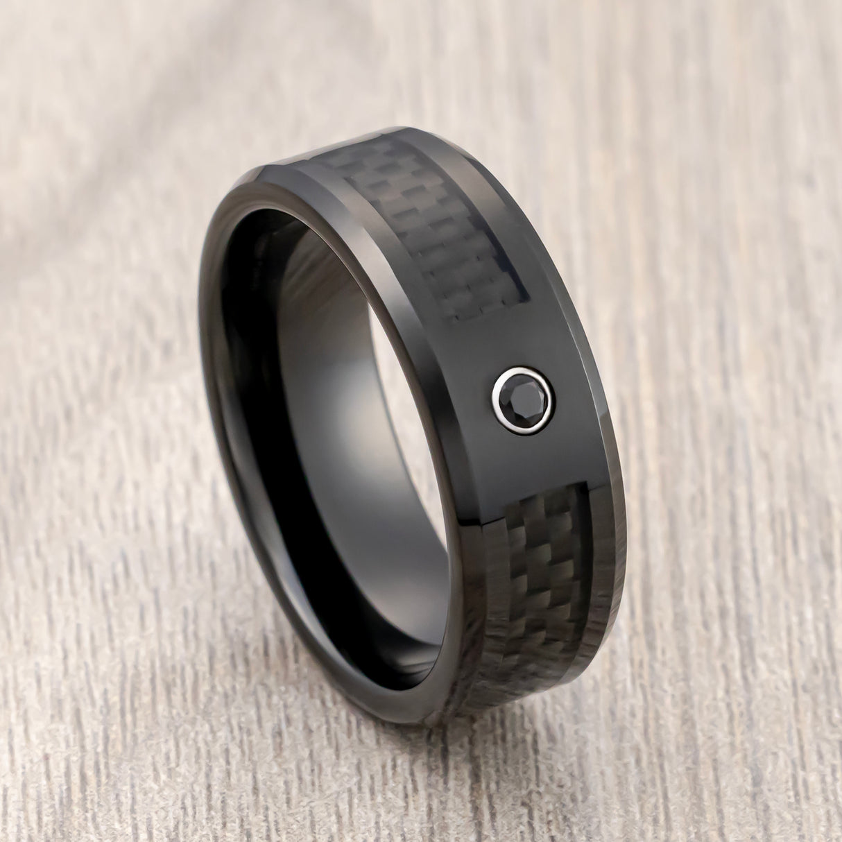 8mm - Black Tungsten Ring W/ Black Carbon Fiber, Black CZ Diamond