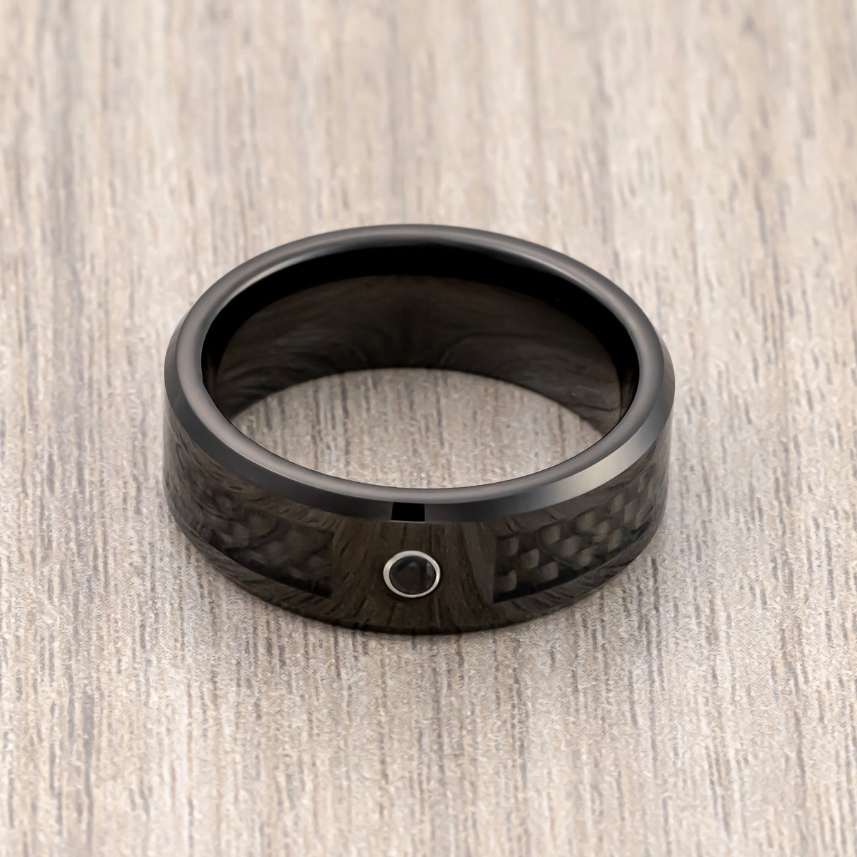 8mm - Black Tungsten Ring W/ Black Carbon Fiber, Black CZ Diamond