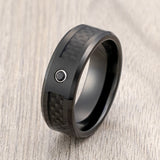 8mm - Black Tungsten Ring W/ Black Carbon Fiber, Black CZ Diamond