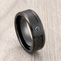 8mm - Black Tungsten Ring W/ Black Carbon Fiber, Black CZ Diamond