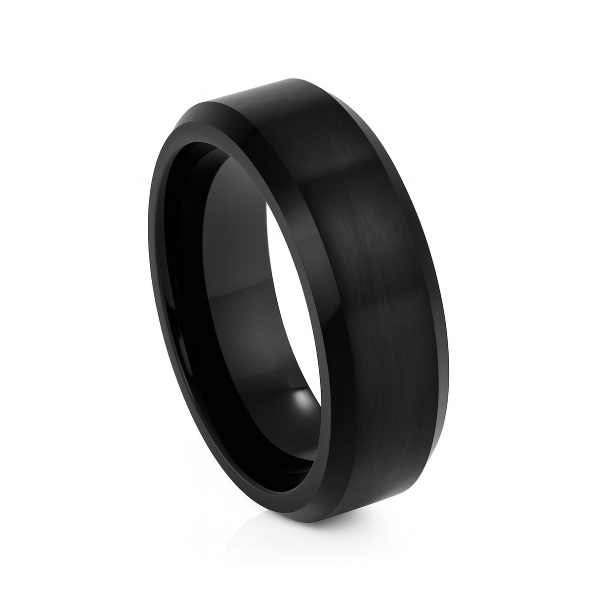 Black Titanium Ring Brushed Center Beveled Edges 8mm