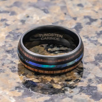 8mm Black Tungsten Real Koa Wood Double Wood Ring W/ Abalone Shell