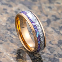 6mm- Rose Gold Arrow Ring Tungsten Dome Ring W/ Purple Agate & Meteorite