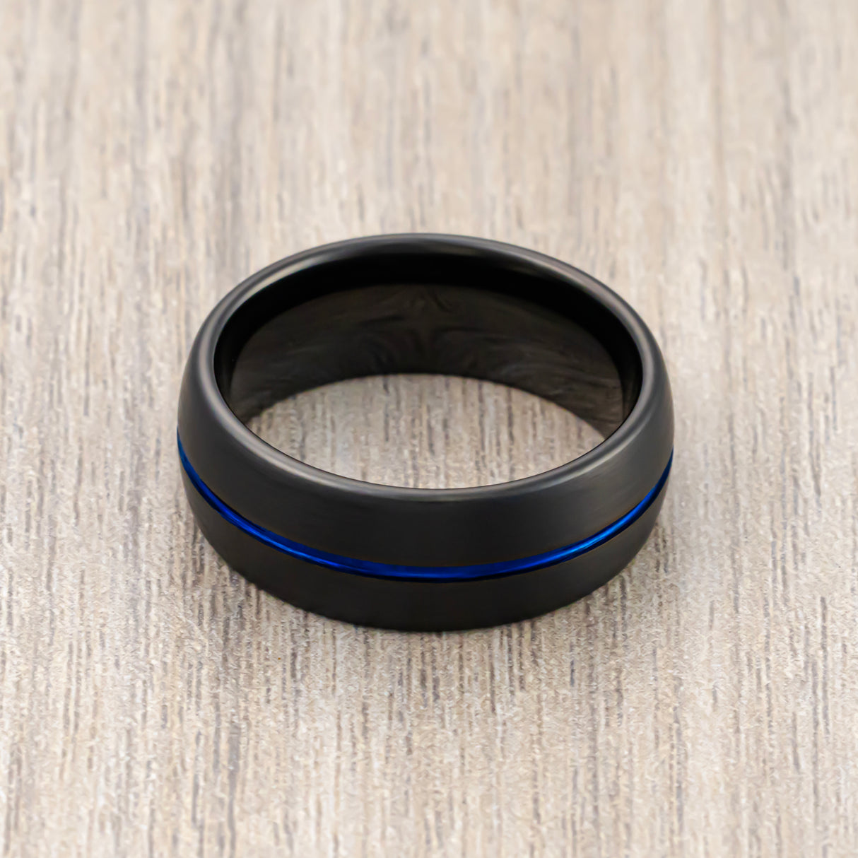 8mm Mens Black Tungsten Carbide Ring With Blue Groove Brushed Center Dome