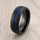 8mm Mens Black Tungsten Carbide Ring With Blue Groove Brushed Center Dome