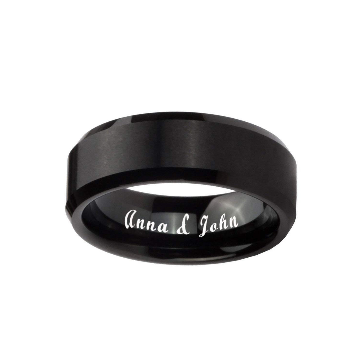 8mm - Black Tungsten Wedding Band, Off Center White Diamonds Brushed Ring